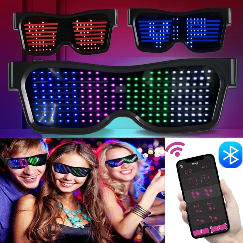 Glow In The Dark Party Glasses - Wielojęzyczne okulary LED Bluetooth DIY tekst